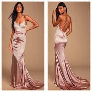 Lulus Fantasy Come True Mauve Pink Lace Satin Lace-Up Maxi Dress Size 2 Wedding